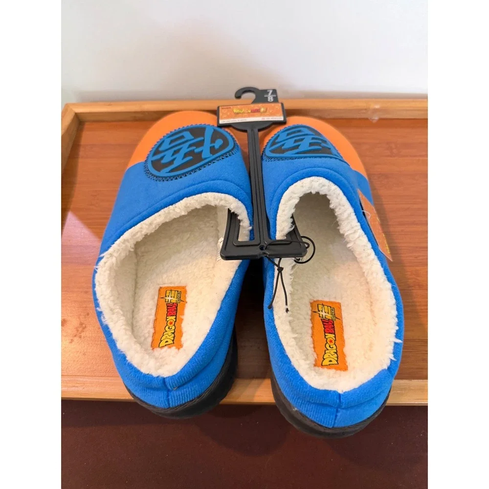 Dragon Ball Super Goku Slippers Mens 7-8 Blue Orange Kanji Faux Fur House Shoes